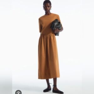 COSWomen's Natural Maxi Dress Cotton Contrast Panel Midi Dress Size S